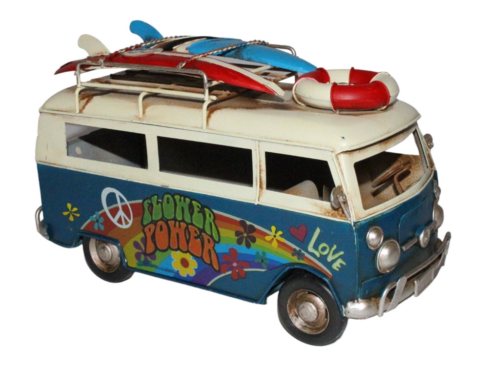 Blechauto Deko Nostalgie Modellauto Oldtimer Surfer Hippie Bulli in blau L 26 cm aus Blech