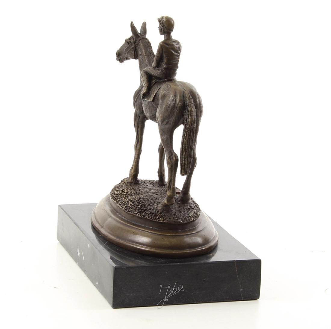 Bronzefigur Bronzeskulptur Tierfigur Jockey auf Pferd aus Bronze auf Marmorsockel H 20 cm Deko Figur