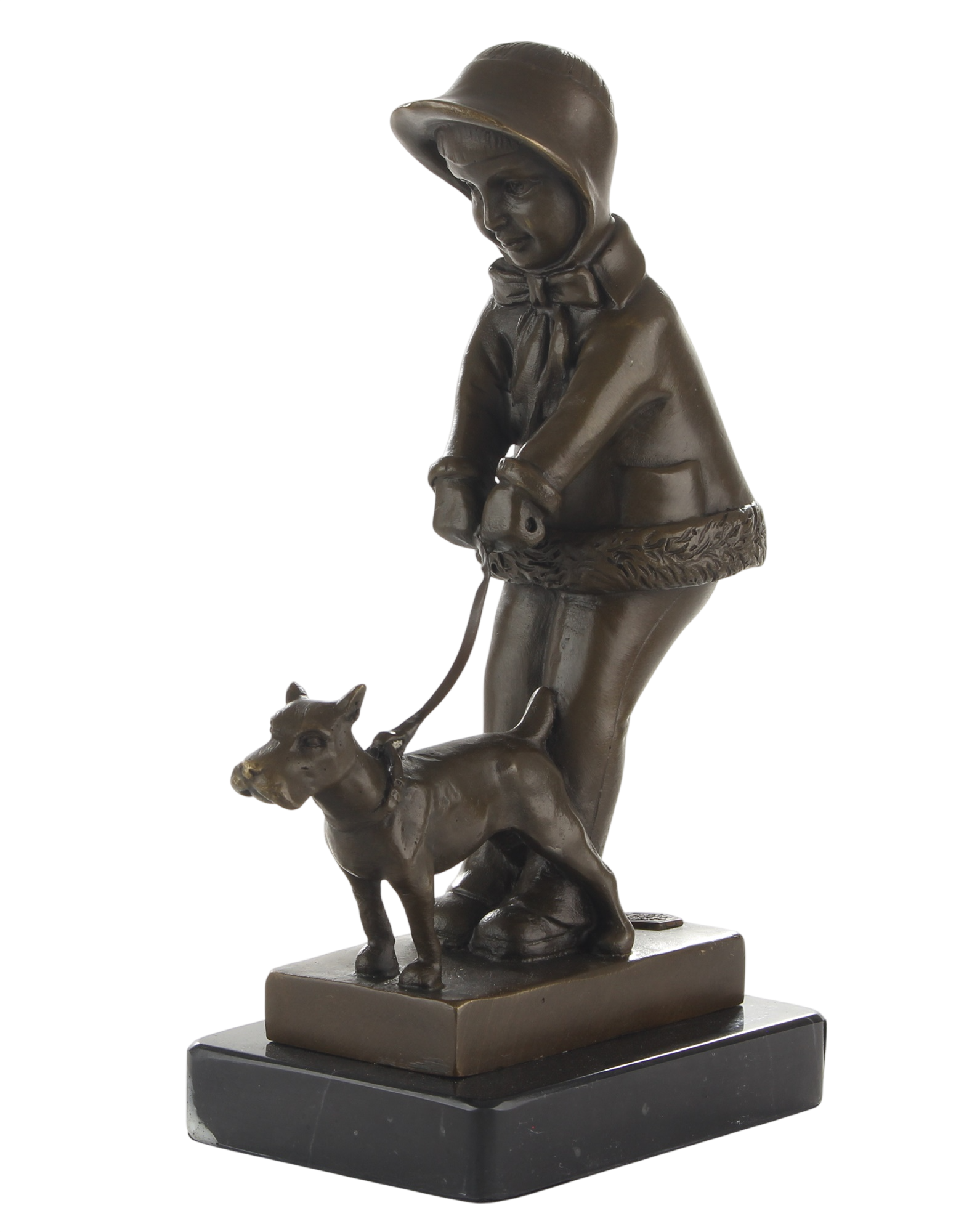 Bronzeskulptur junges Mädchen mit Hund an der Leine auf Marmorsockel, Höhe 21,3 cm