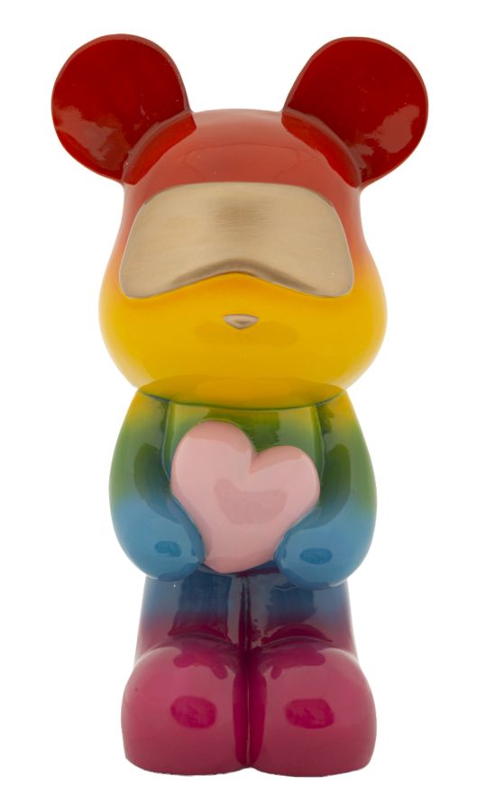 Bär mit Herz in Regenbogenfarben – ausdrucksstarke Dekofigur aus Polyresin für Wohnraum und Wintergarten H 42,5 cm