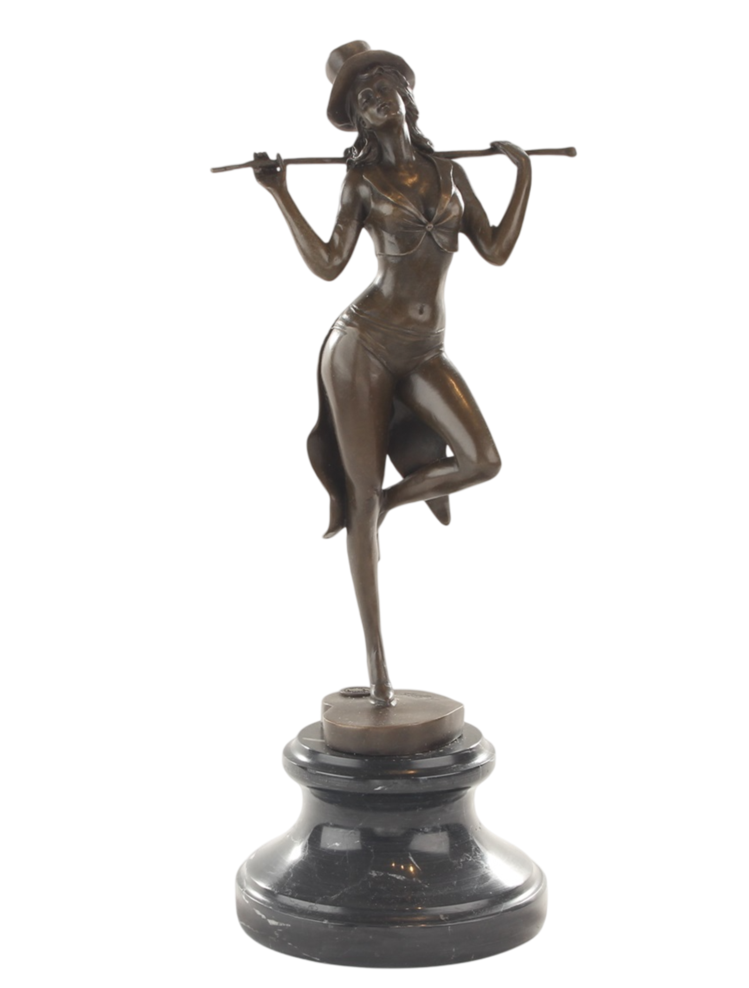 Bronzeskulptur Revue-Tänzerin mit Stock, Cabaret Paris, auf Marmorsockel, Höhe 38,2 cm