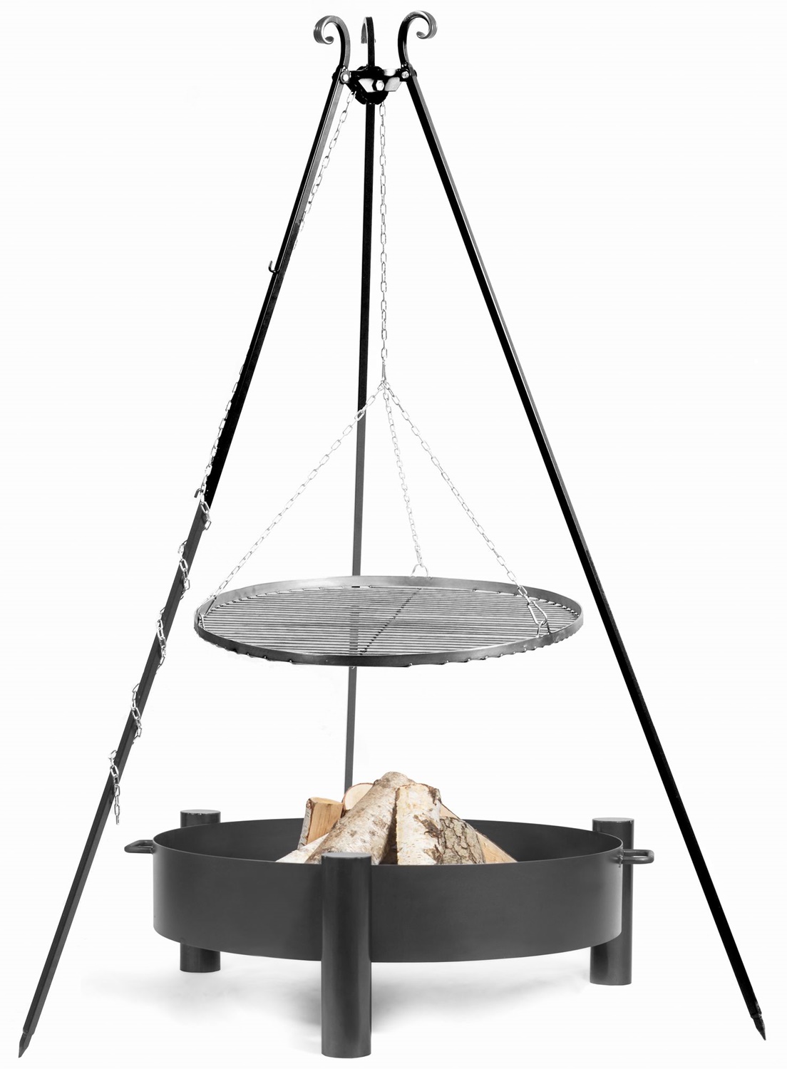 Set: Dreibein H 180 cm mit Grillrost Ø 50 cm aus Rohstahl + Feuerschale "Haiti" Ø 60 cm Grillen