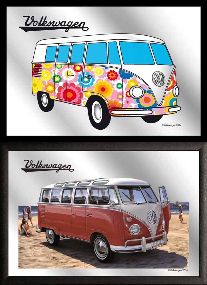 Set: 2 Spiegelbilder VW Bulli Hippie Oldtimer 20x30 cm Wandbilder Hinterglasdruck mit Rahmen