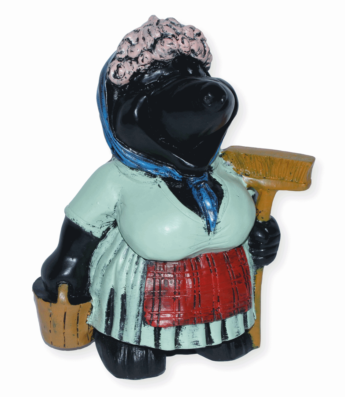 Dekorationsfigur Maulwurf Putzfrau H 30 cm stehend mit Gartenfigur aus Kunstharz