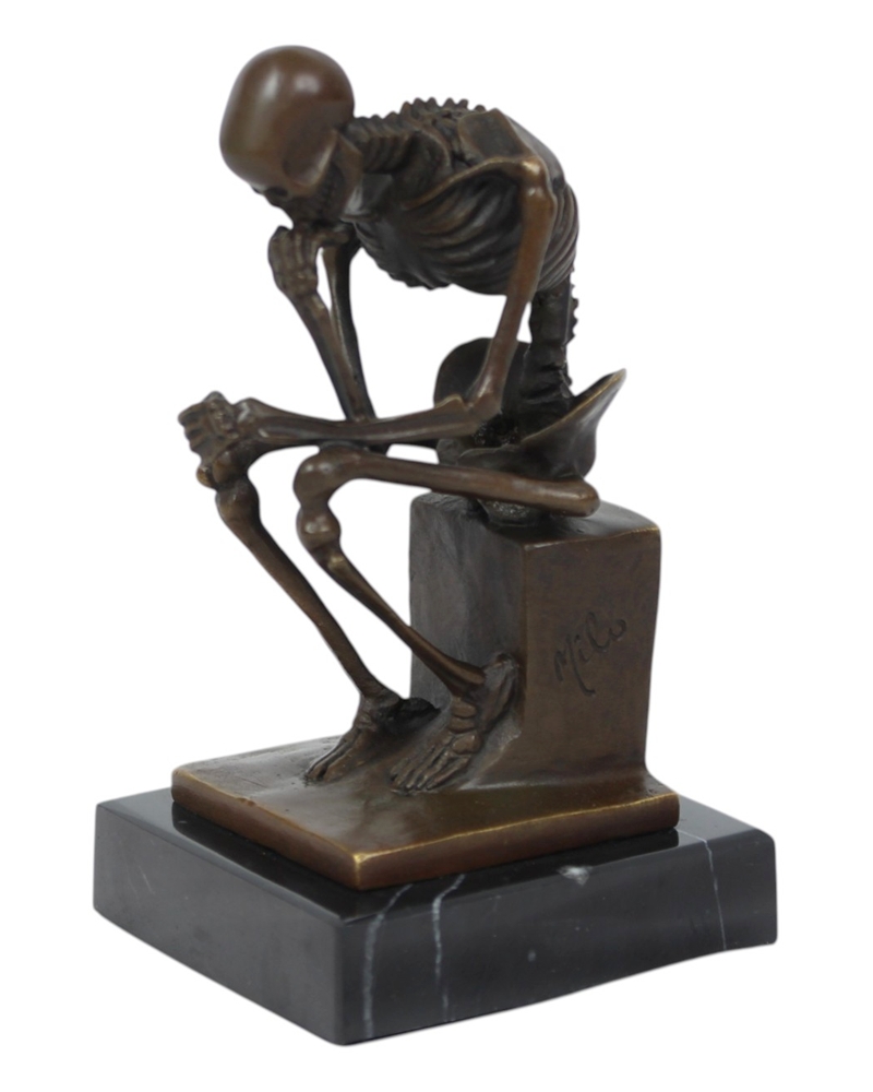 Bronzefigur Bronzeskulptur Der Denker Skelett sitzend aus Bronze auf Sockel H 14,7 cm Deko Figur