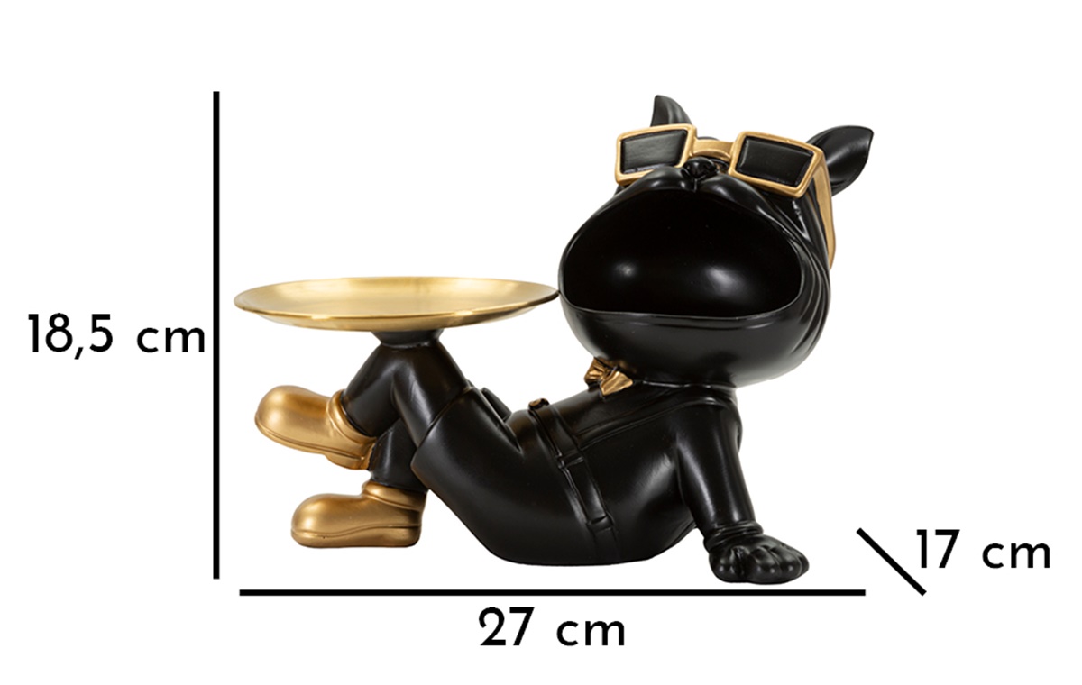 Dekofigur Hund Buddy Cool schwarz klein liegend mit goldenem Tablett und Mundbehälter H 18,5 cm
