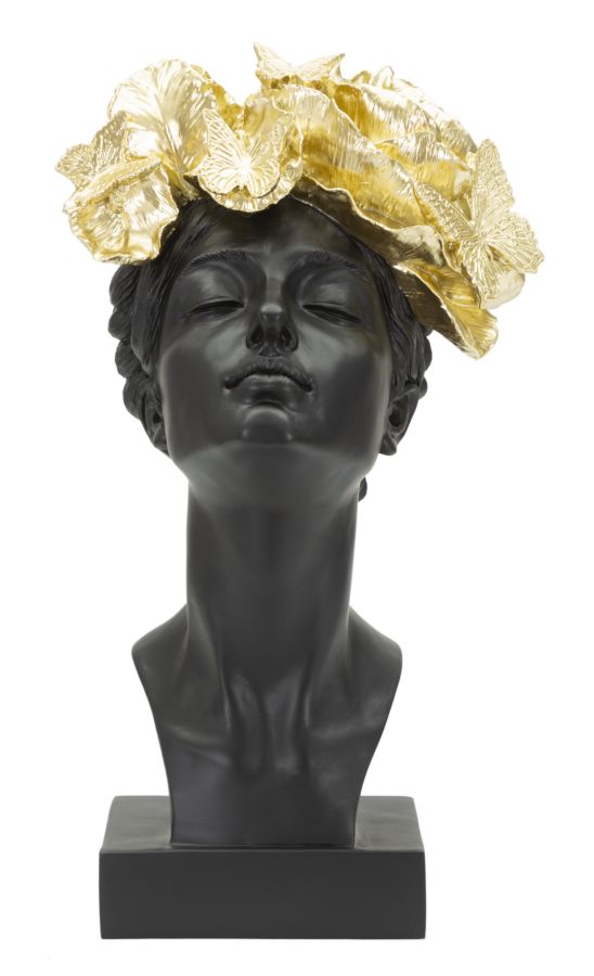 Büste Frau mit Schmetterlingen Schwarz-Gold – Dekofigur aus Polyresin für Wohnraum und Wintergarten H 36,5 cm