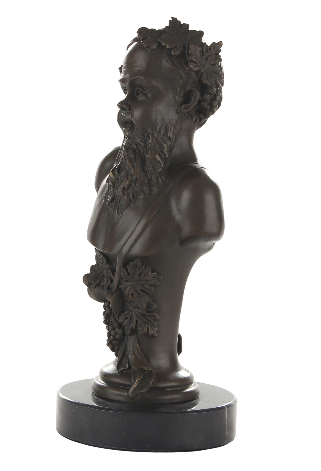 Bronzeskulptur Büste Bacchus, römischer Gott des Weines, auf Marmorsockel, Höhe 20,7 cm