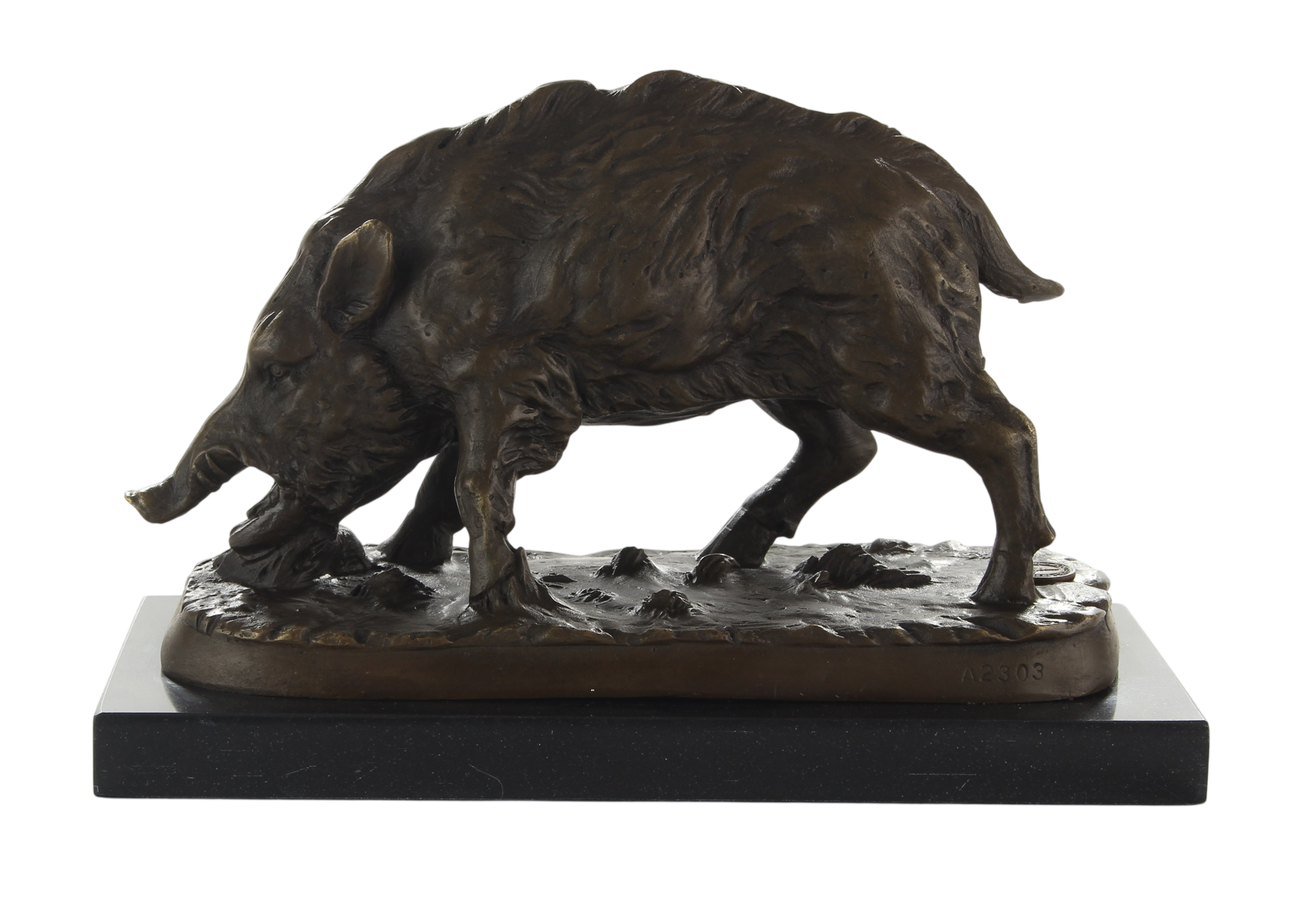 Bronzefigur Wildschwein Eber wühlend auf Marmorsockel, Höhe 14 cm Sammlerstück für Jäger