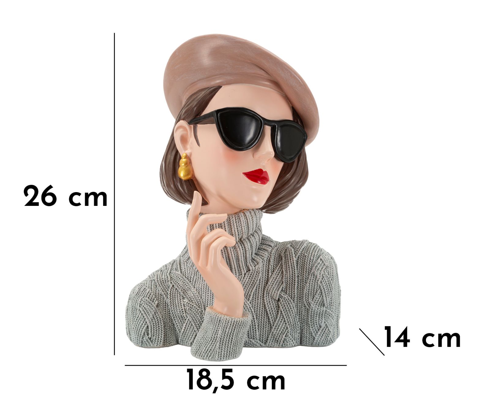 Dame Paris mit Baskenmütze und Sonnenbrille – elegante Dekobüste aus Polyresin für Wohnraum und Flur H 26 cm