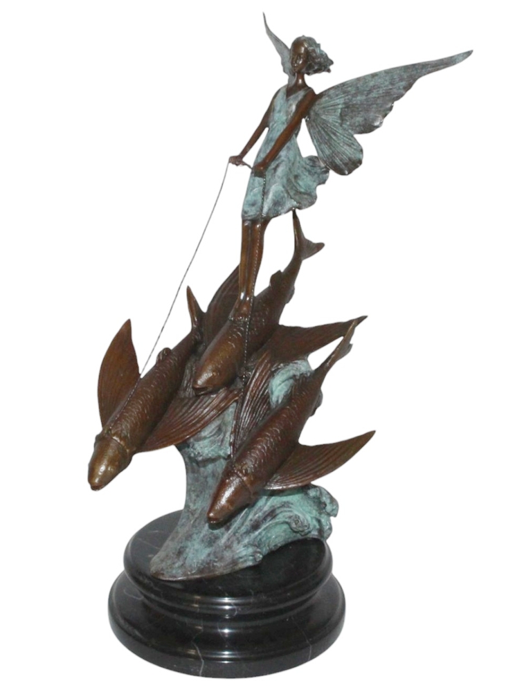 Bronzefigur Fee auf Fischen reitend Höhe 37,5 cm - Bronzeskulptur Elfe Jugendstil