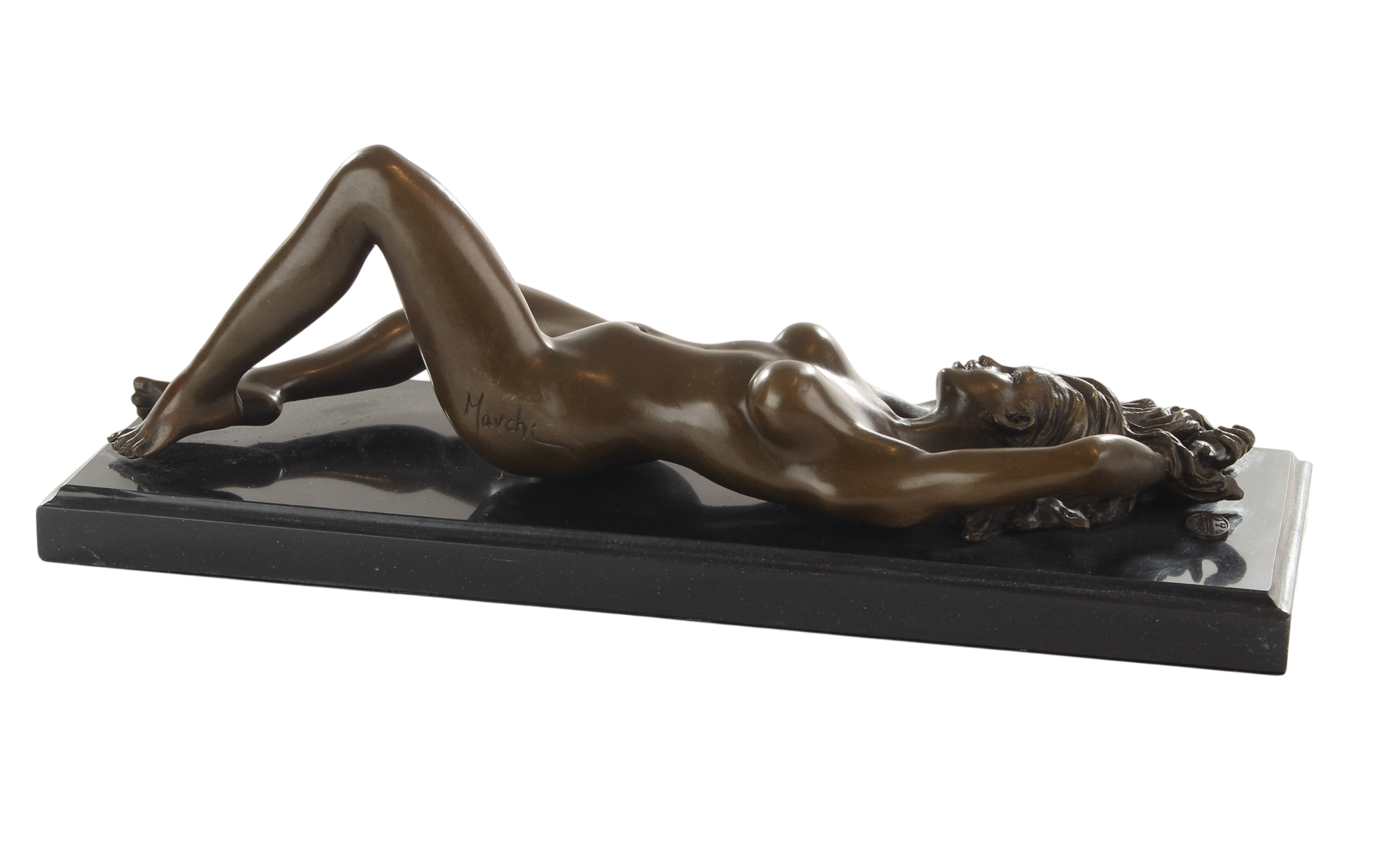 Bronzeskulptur junge Frau liegend – Frauenakt auf schwarzem Marmorsockel, Länge 29,3 cm