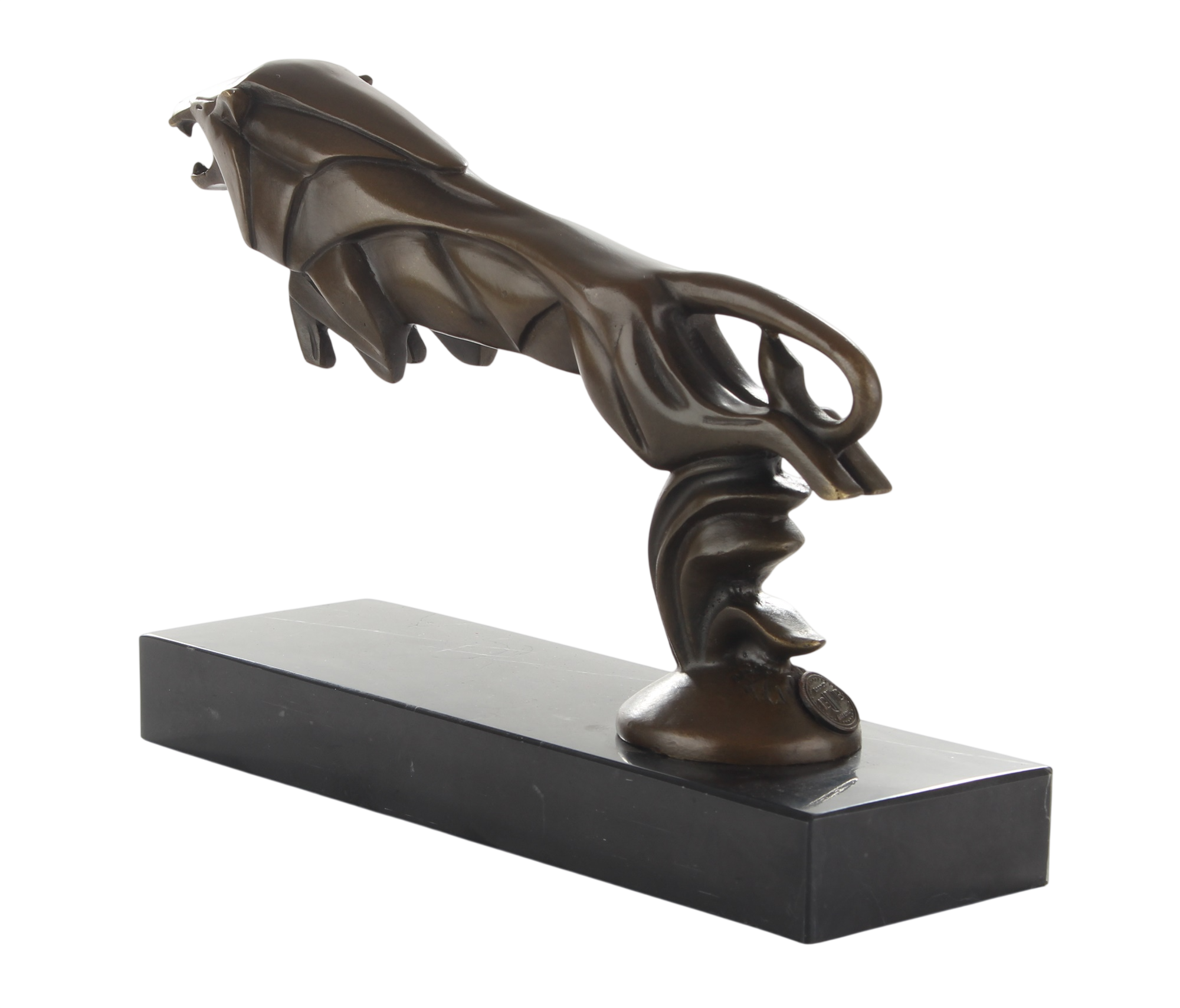 Kühlerfigur Löwe im Angriff, Bronzefigur auf Marmorsockel, Höhe 16,9 cm