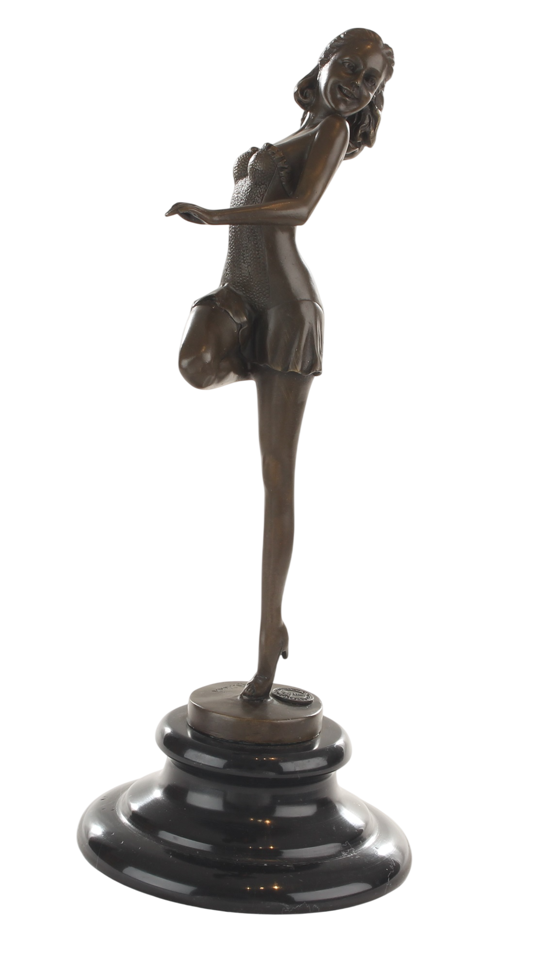 Bronzeskulptur Pin-up-Tänzerin, junge Frau im Kostüm, auf Marmorsockel, Höhe 28,8 cm