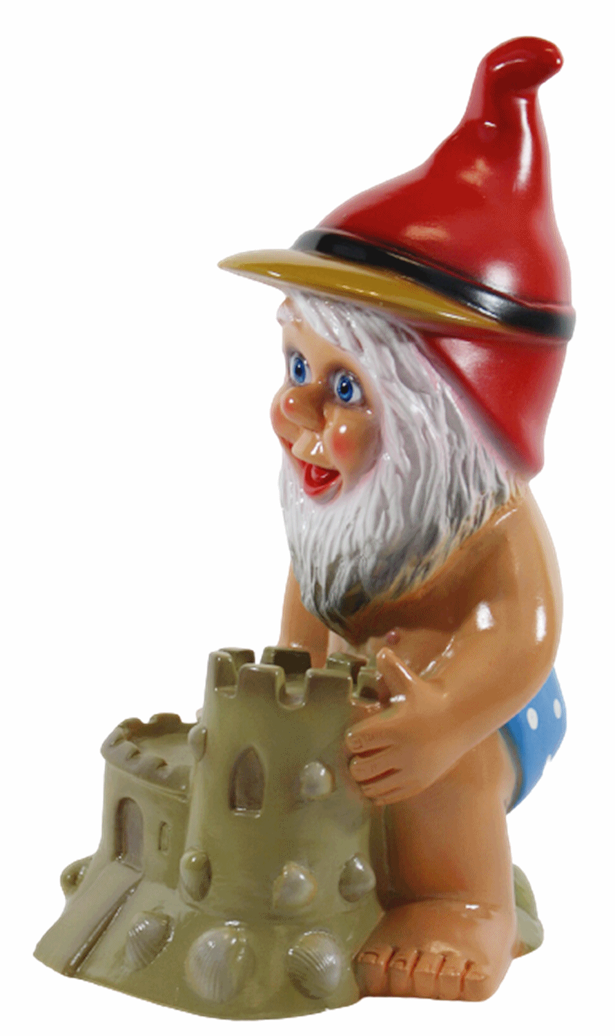 Gartenzwerg Deko Garten Figur Zwerg Kind kniend mit Sandburg und Schaufel aus Kunststoff H 31 cm