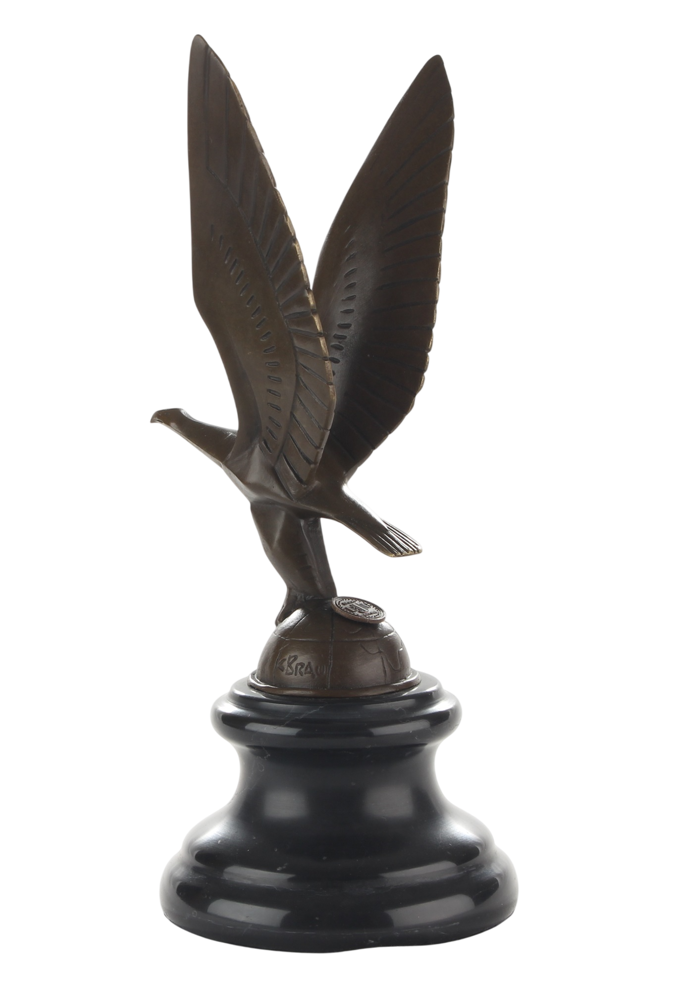 Kühlerfigur Adler im Flug, Bronzefigur auf Erdkugel mit Marmorsockel, Höhe 22,8 cm