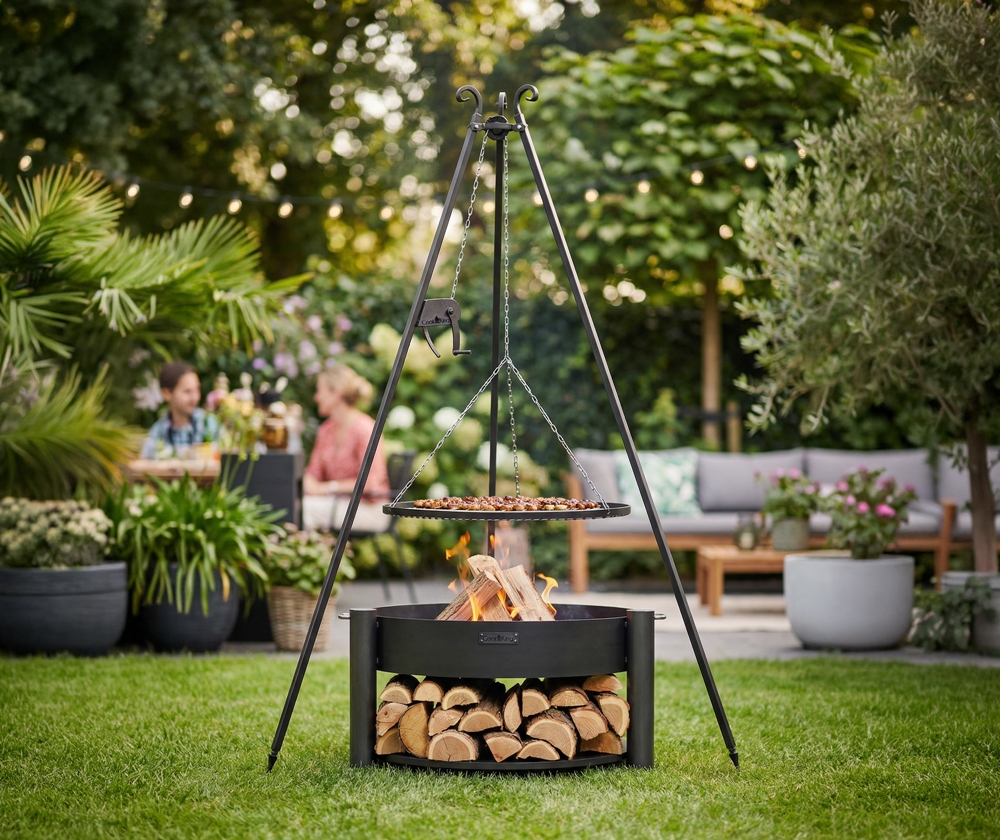 Schwenkgrill Set mit Feuerschale „Montana“ Ø 80 cm – Dreibein 180 cm, Grillrost Ø 70 cm & Kurbel