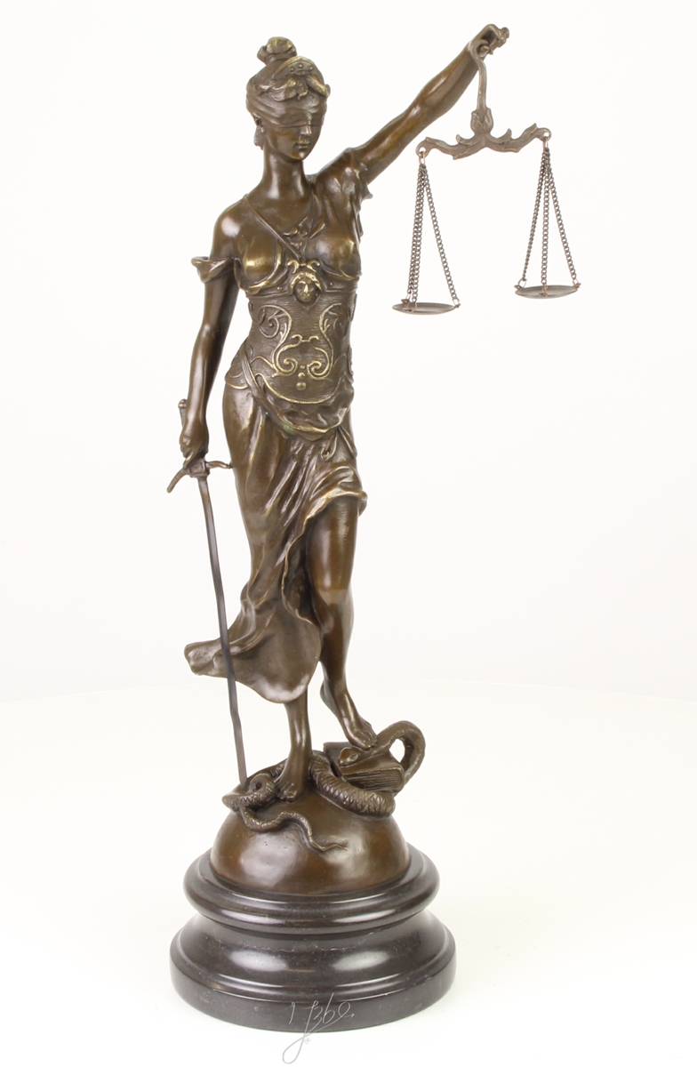 Bronzefigur Bronzeskulptur Bronze Justitia auf Marmorsockel H 45 cm Göttin der Gerechtigkeit Figur