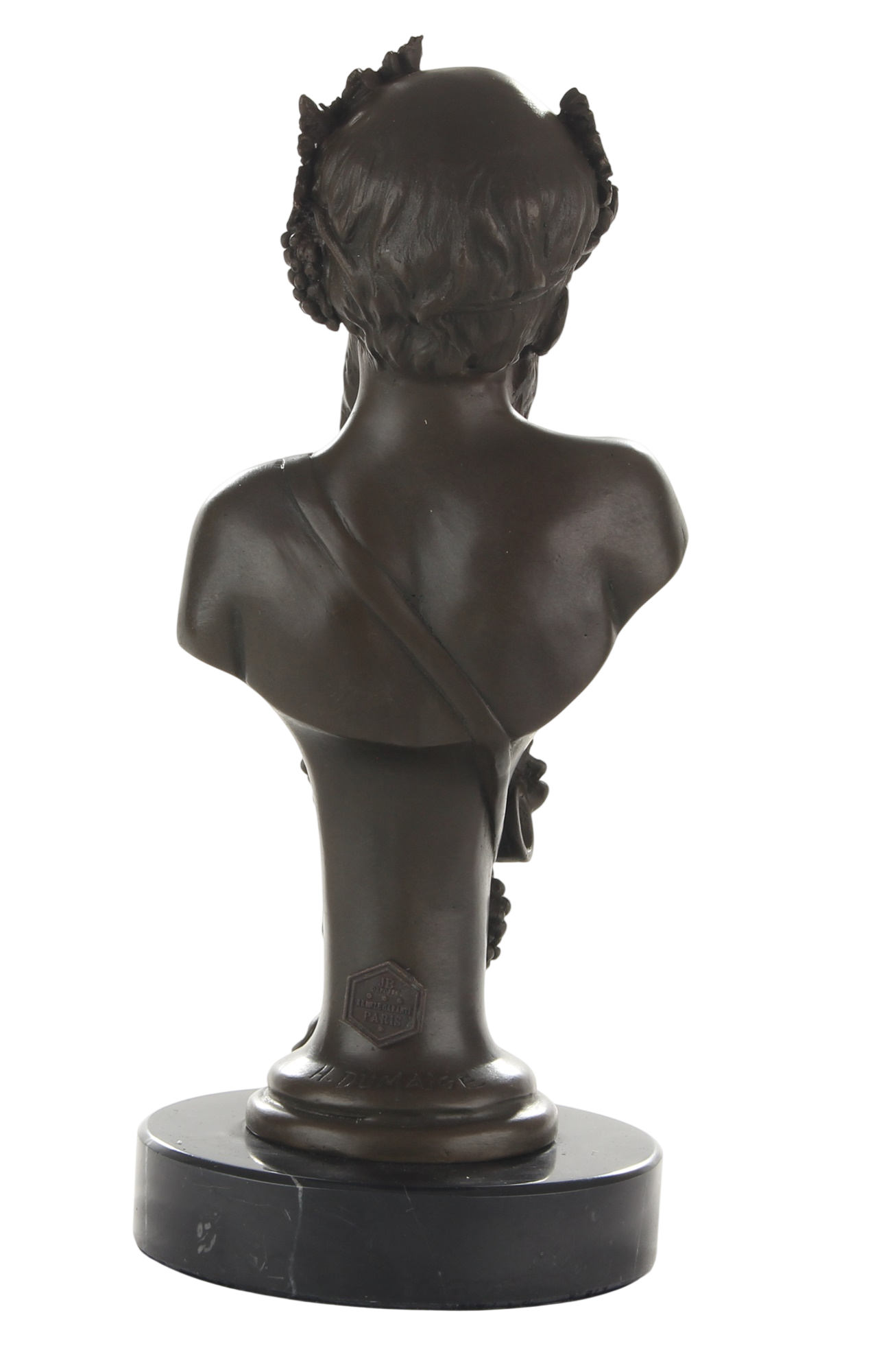 Bronzeskulptur Büste Bacchus, römischer Gott des Weines, auf Marmorsockel, Höhe 20,7 cm
