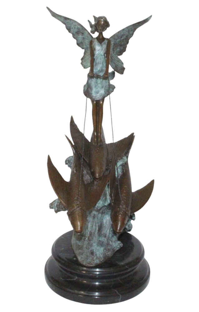 Bronzefigur Fee auf Fischen reitend Höhe 37,5 cm - Bronzeskulptur Elfe Jugendstil