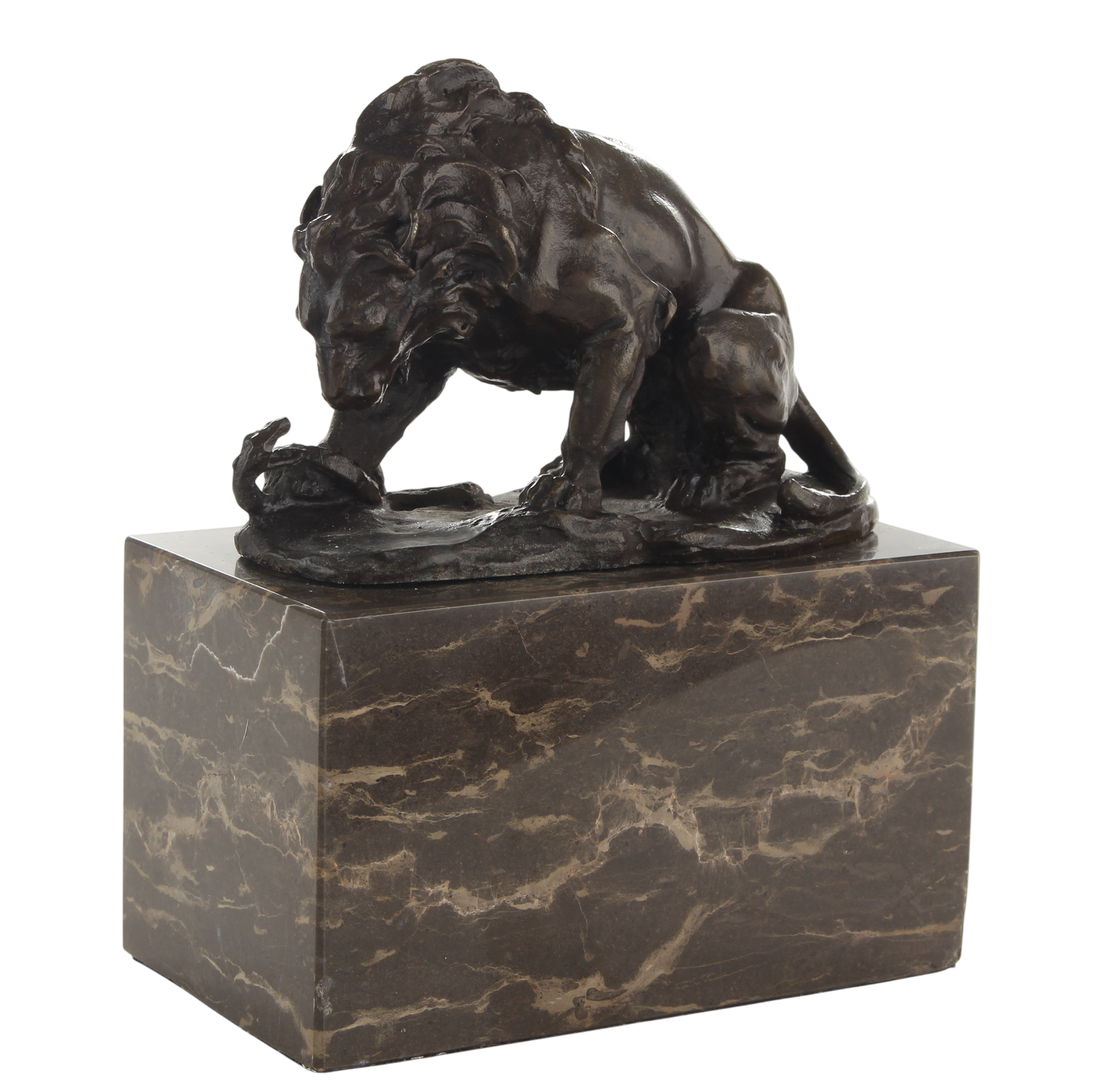 Bronzefigur Löwe kämpfend mit Schlange auf Marmorsockel, für Innen und Außen, Höhe 15 cm
