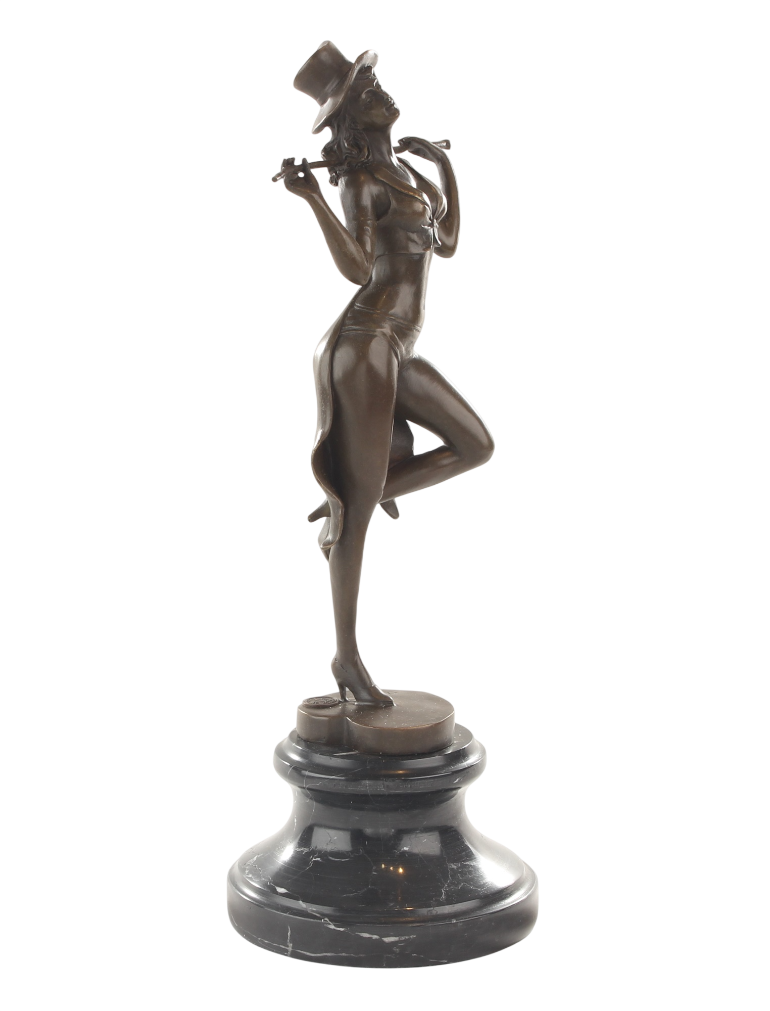 Bronzeskulptur Revue-Tänzerin mit Stock, Cabaret Paris, auf Marmorsockel, Höhe 38,2 cm