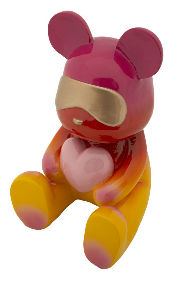 Sitzender Regenbogen-Bär mit Herz – warm leuchtende Dekofigur aus Polyresin für Wohnraum und Kinderzimmer H 32 cm