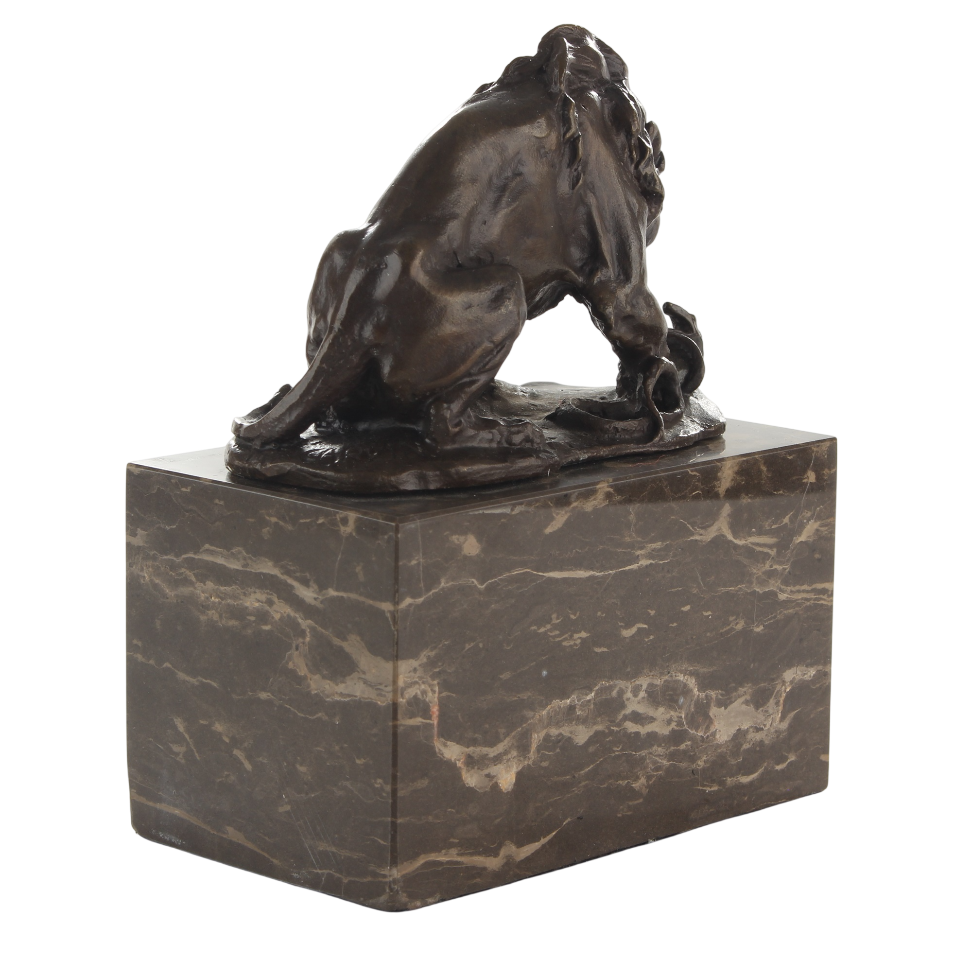 Bronzefigur Löwe kämpfend mit Schlange auf Marmorsockel, für Innen und Außen, Höhe 15 cm