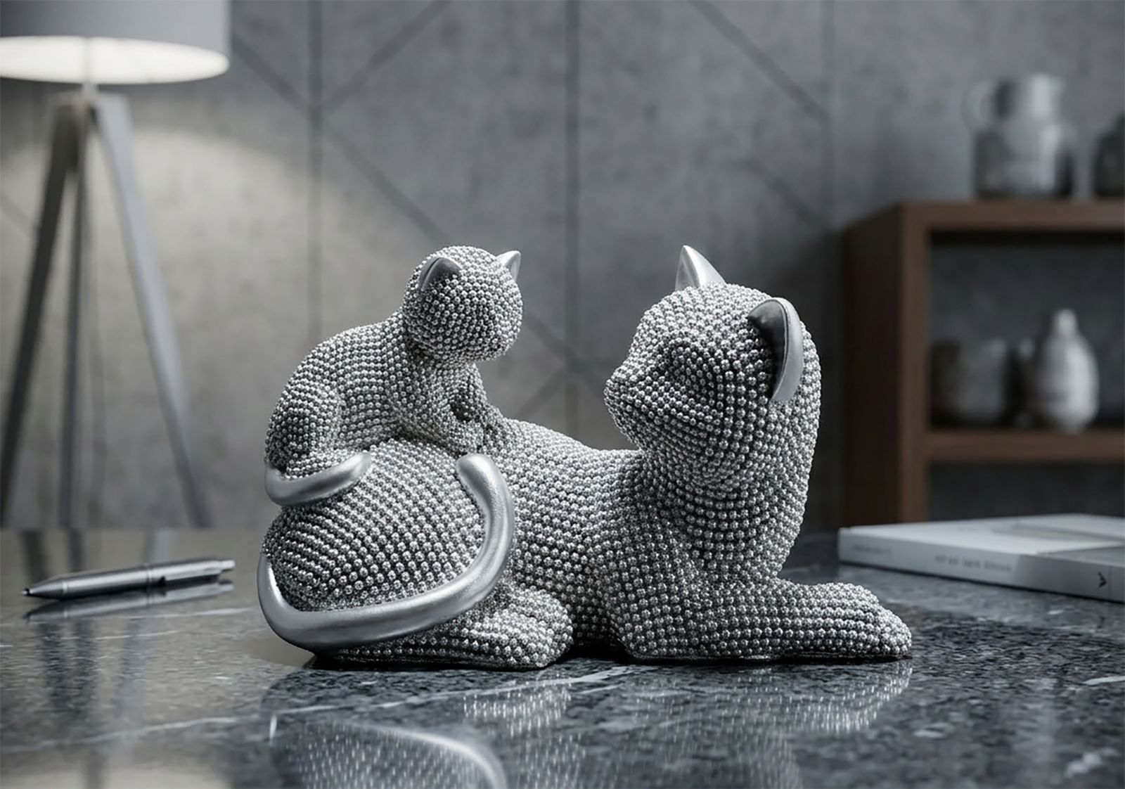 Katzenmutter mit Jungtier Silber – spielende Dekofigur mit funkelnder Perlenstruktur aus Polyresin für Wohnraum B 19 cm