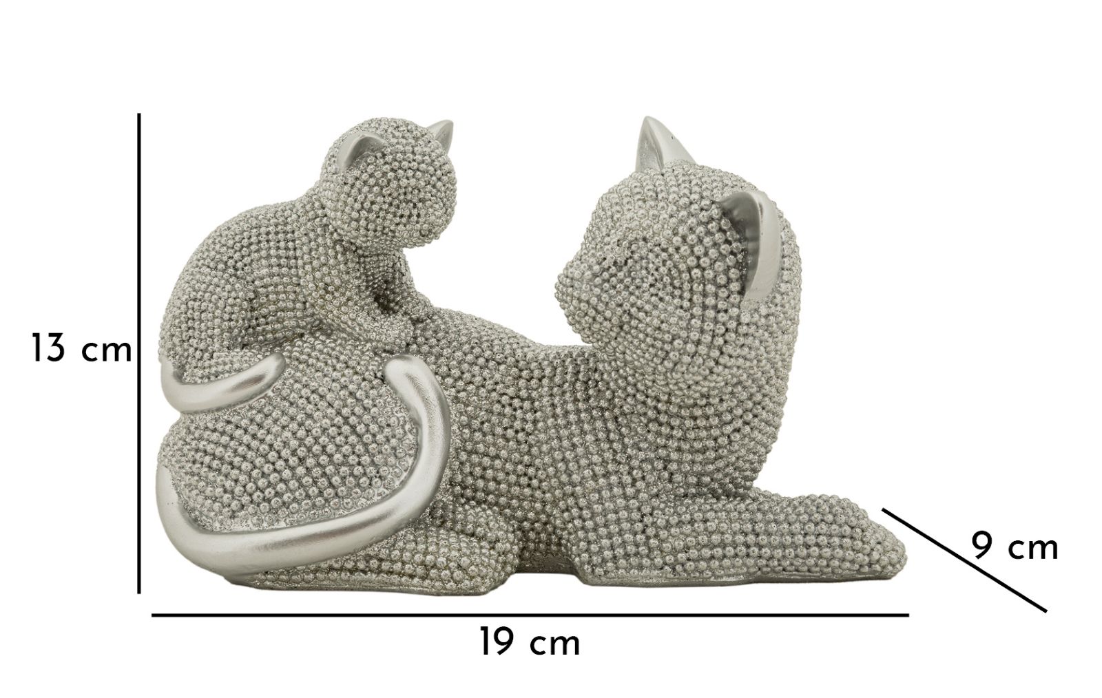 Katzenmutter mit Jungtier Silber – spielende Dekofigur mit funkelnder Perlenstruktur aus Polyresin für Wohnraum B 19 cm