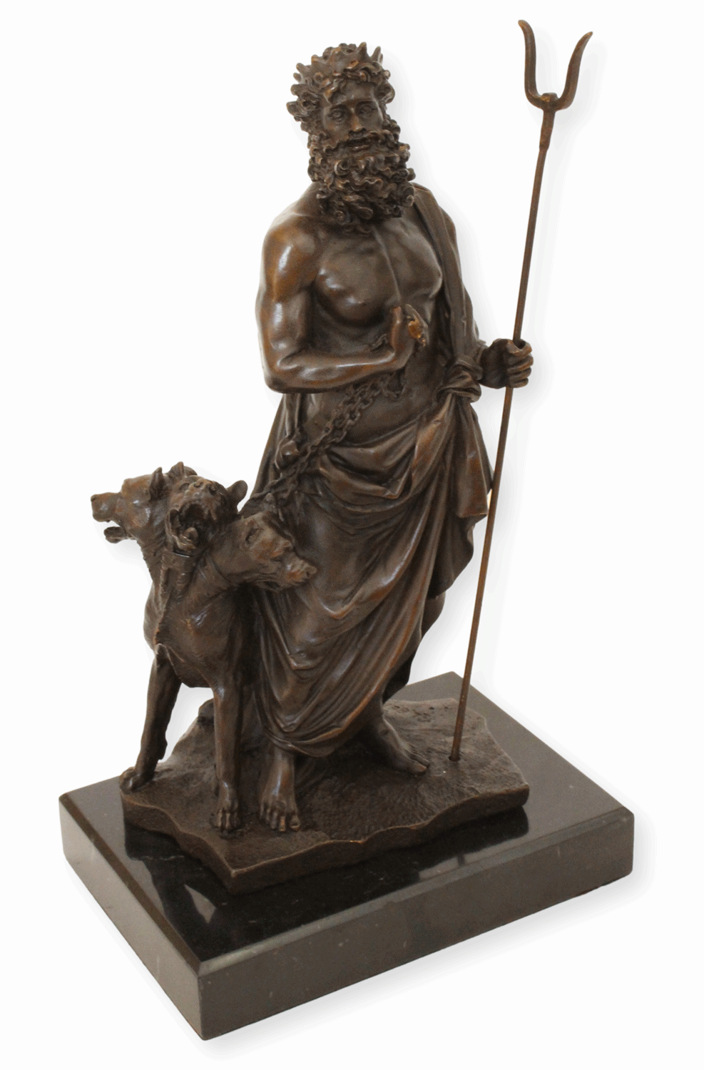 Bronzefigur Bronzeskulptur Bronze Hades mit Kerberos auf Marmorsockel H 29 cm griechische Mythologie