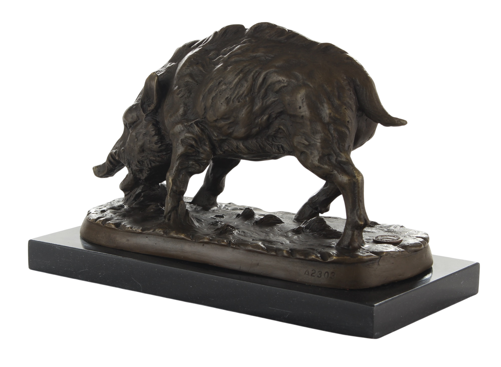 Bronzefigur Wildschwein Eber wühlend auf Marmorsockel, Höhe 14 cm Sammlerstück für Jäger