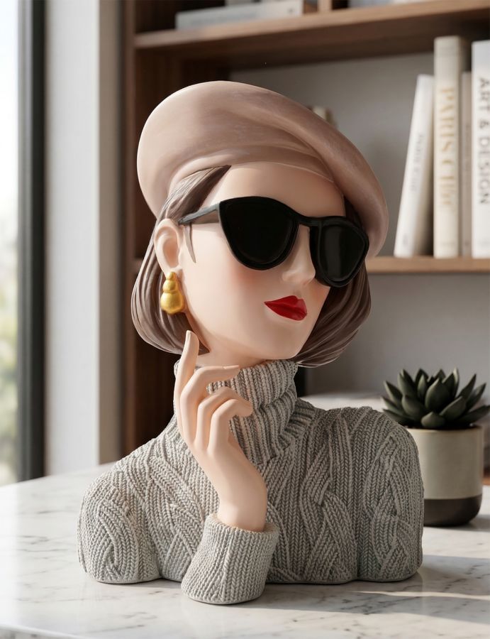 Dame Paris mit Baskenmütze und Sonnenbrille – elegante Dekobüste aus Polyresin für Wohnraum und Flur H 26 cm