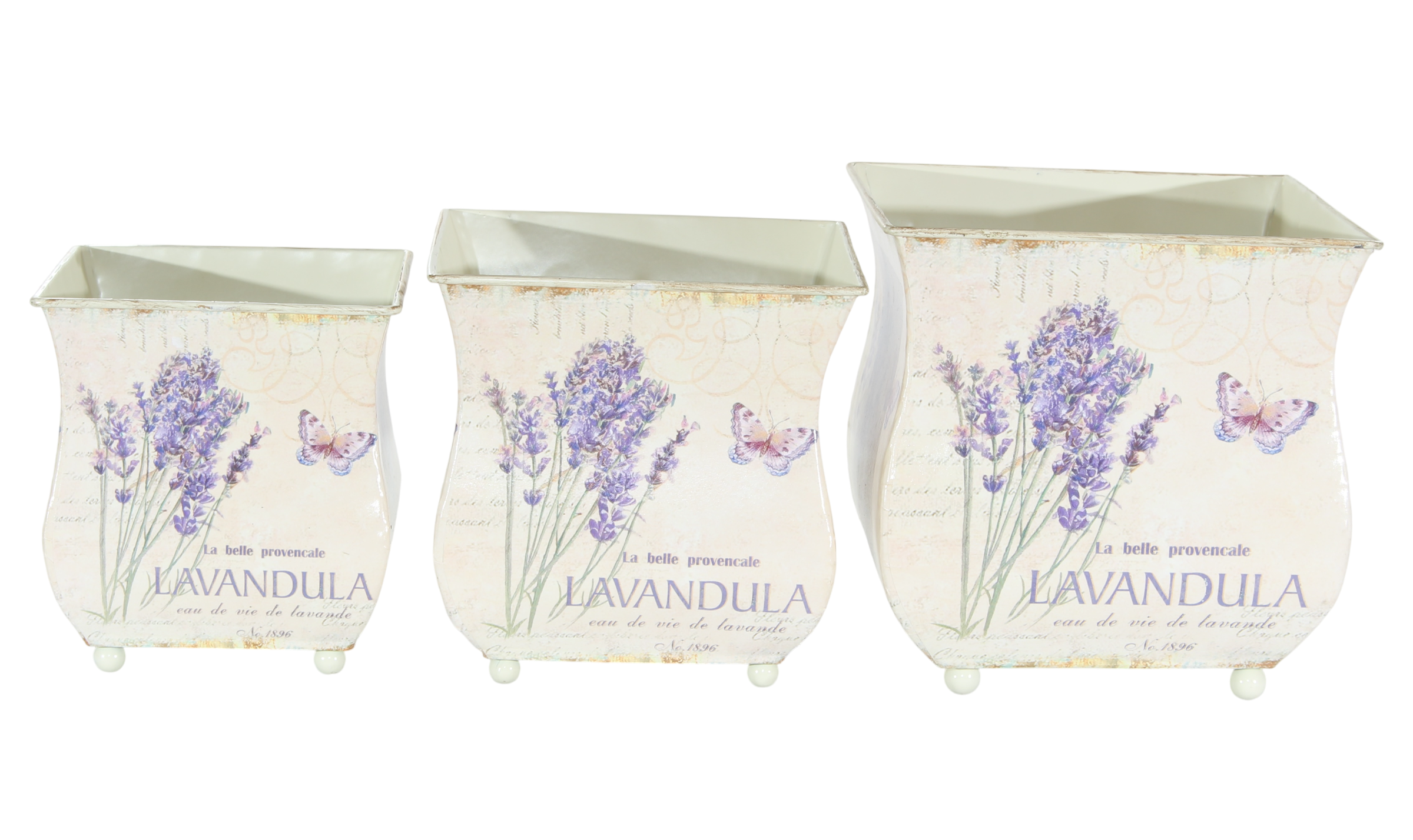 Übertöpfe 3er-Set Metall – Lavandula Lavendel Provence Landhaus Stil Metalltöpfe H 13–18 cm
