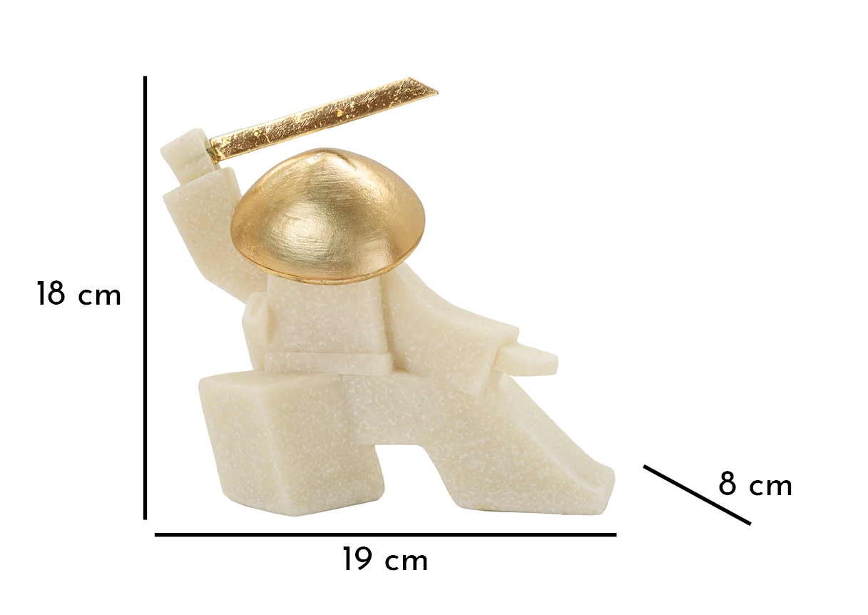 Samurai Oda Clan weiß-gold im Ausfallschritt – Dekofigur mit erhobenem Schwert aus Polyresin H 18 cm