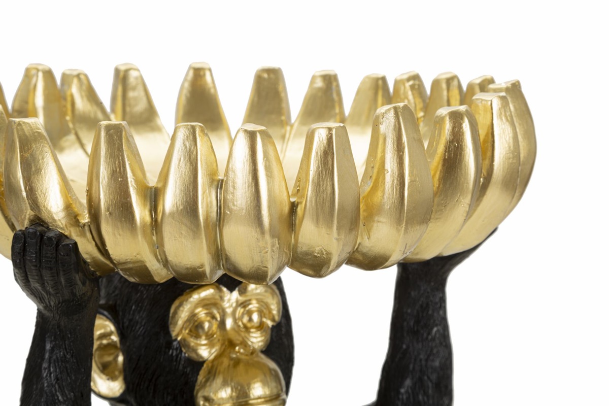 Dekofigur Affe Schimpanse sitzend Tierfigur mit goldener Bananenschale auf dem Kopf H 31,5 cm