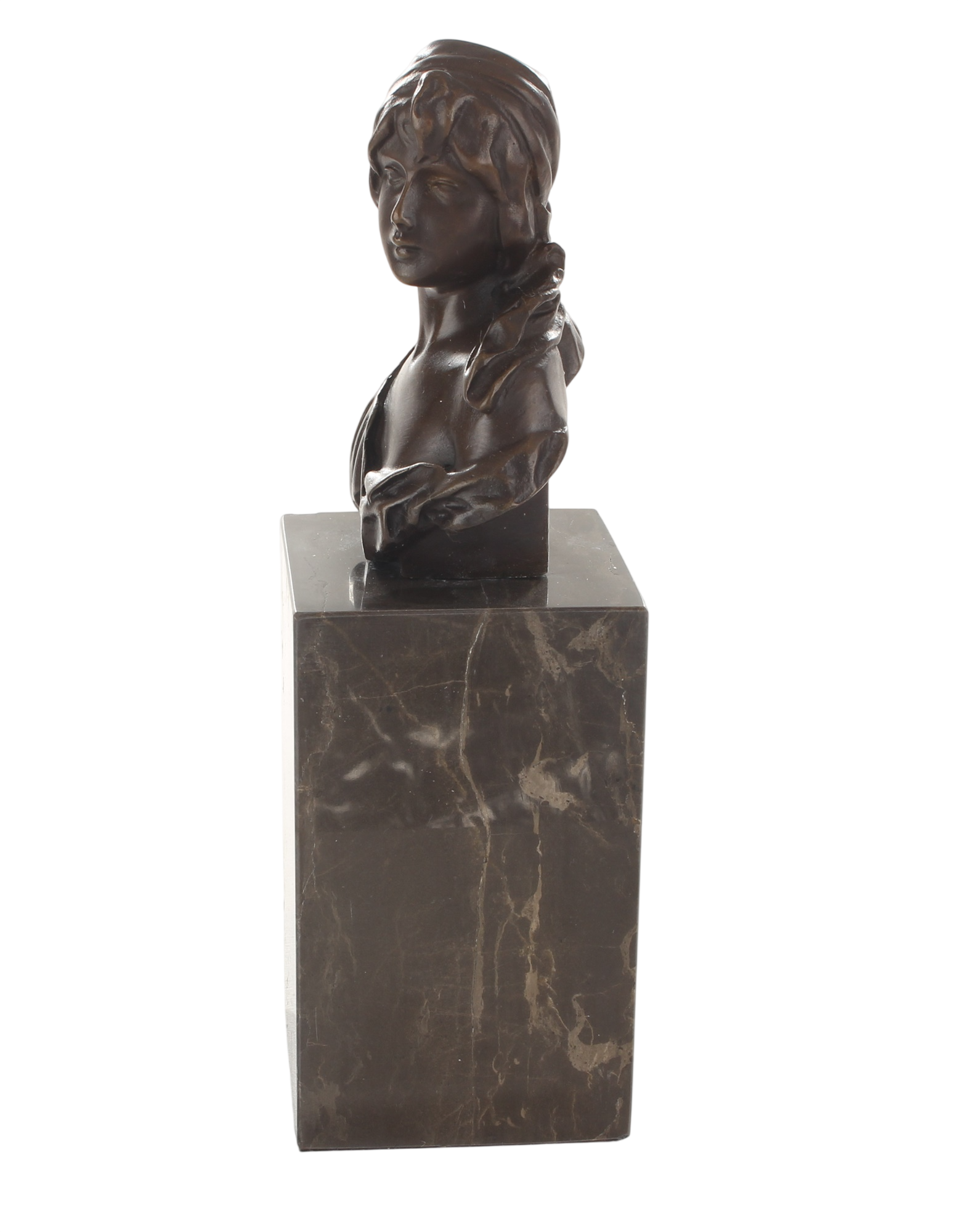 Bronzeskulptur klassische Büste anmutende junge Frau auf Marmorsockel, Höhe 22,8 cm