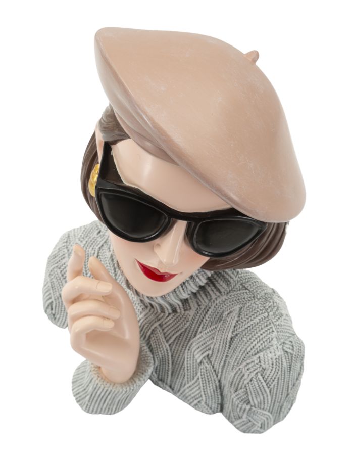 Dame Paris mit Baskenmütze und Sonnenbrille – elegante Dekobüste aus Polyresin für Wohnraum und Flur H 26 cm