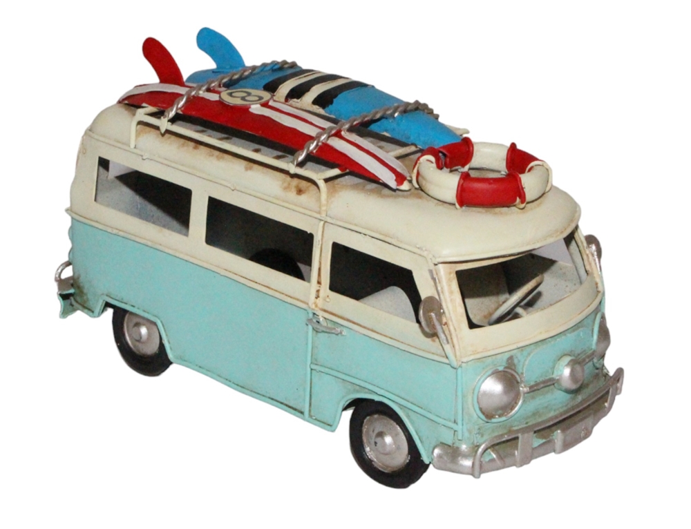 Blechauto Deko Nostalgie Modellauto Oldtimer Surfer Bulli in hellblau L 17 cm aus Blech
