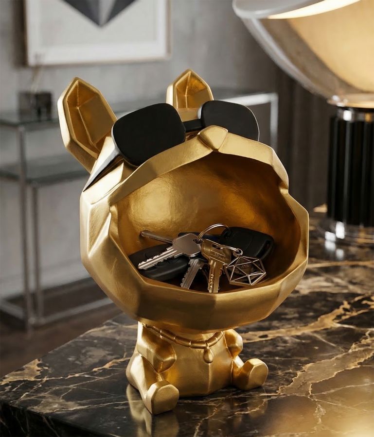 Hund Bulldogge mit Sonnenbrille Gold – coole Dekofigur mit Ablage aus Polyresin für Flur und Wohnraum H 23,5 cm
