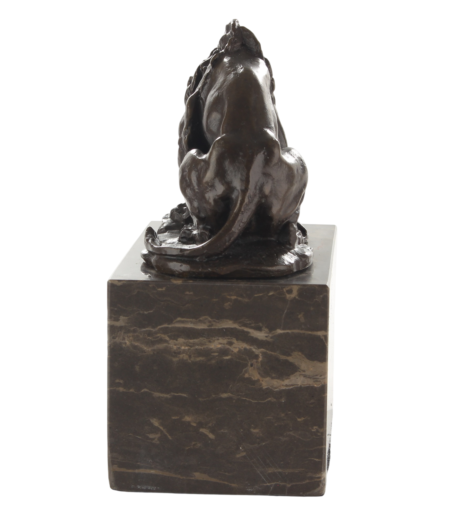 Bronzefigur Löwe kämpfend mit Schlange auf Marmorsockel, für Innen und Außen, Höhe 15 cm
