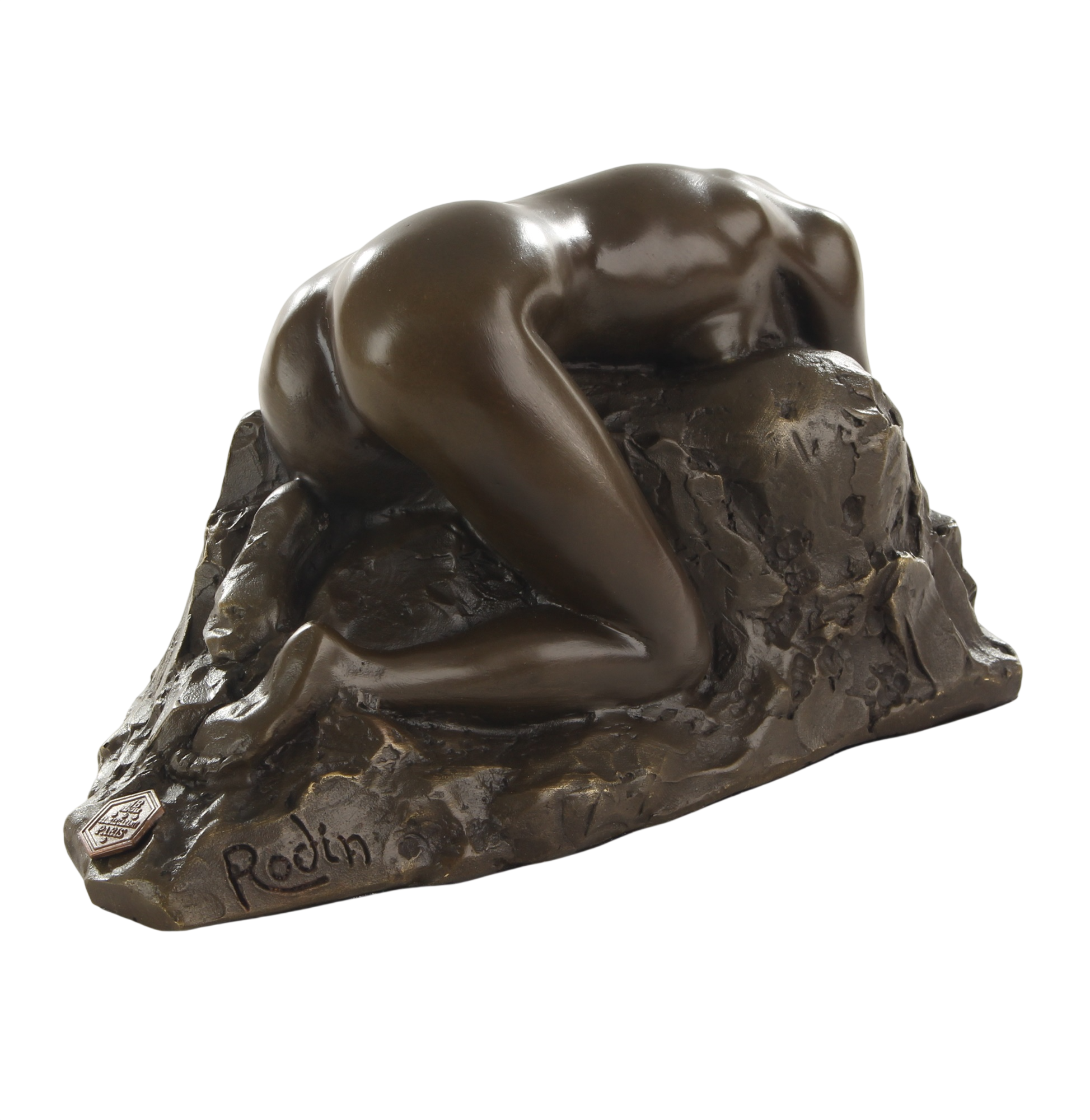 Bronzeskulptur Danaïde, Frauenakt, Nachbildung nach Auguste Rodin, auf Marmorsockel, Höhe 9,7 cm