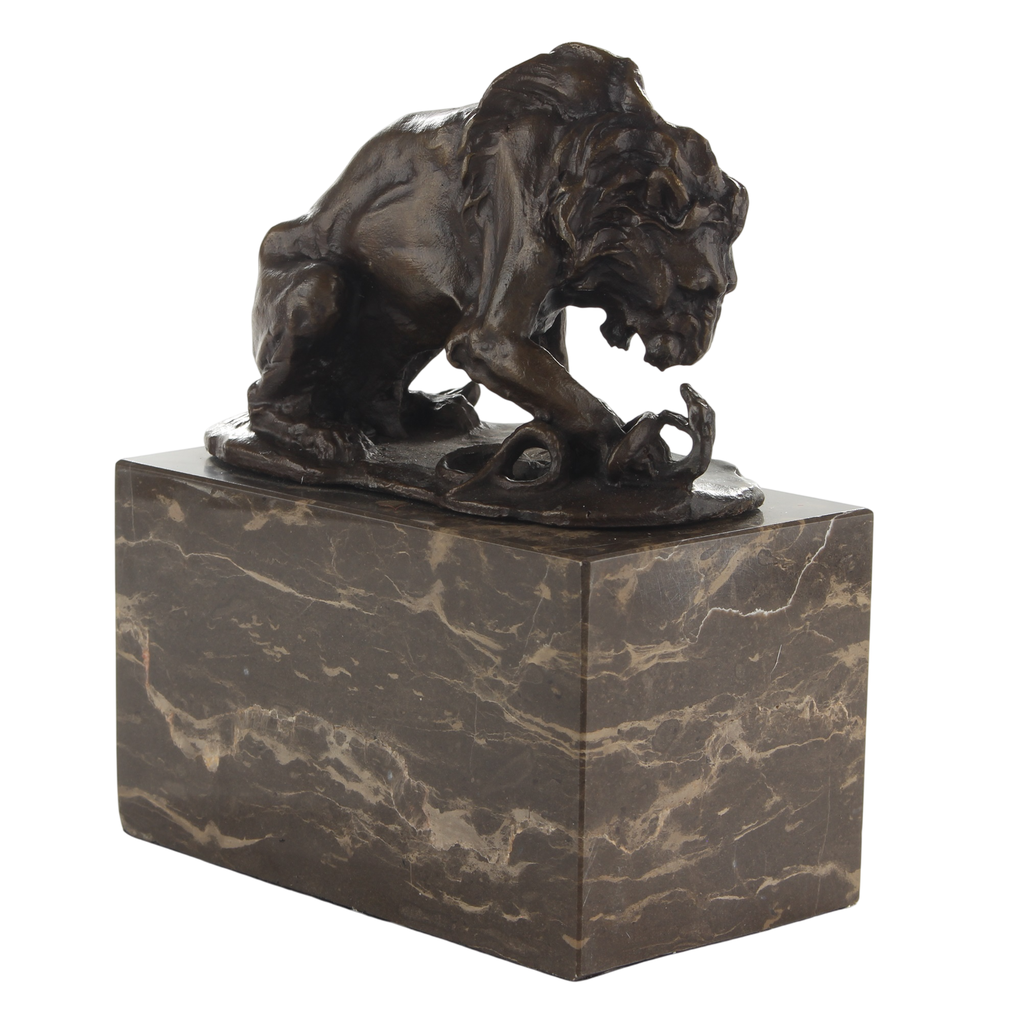 Bronzefigur Löwe kämpfend mit Schlange auf Marmorsockel, für Innen und Außen, Höhe 15 cm