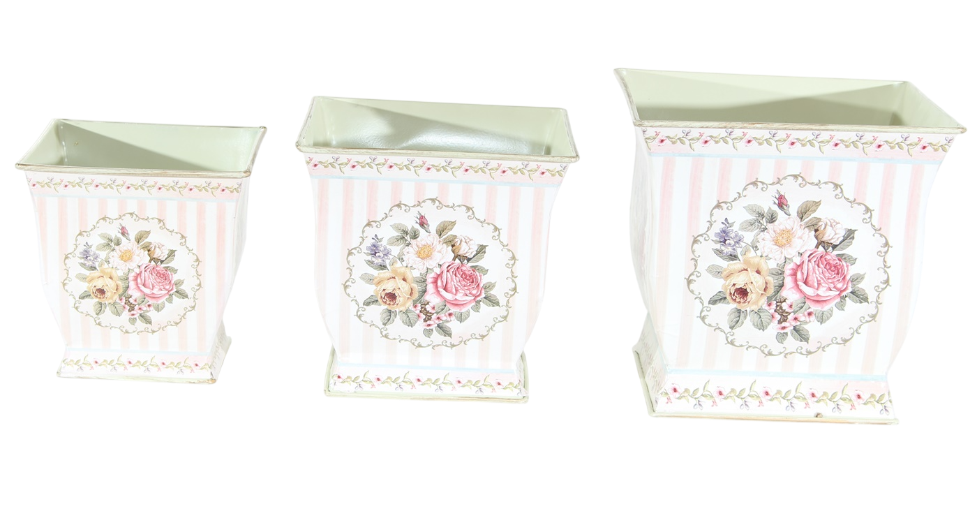 Übertöpfe 3er-Set Metall – Rosenmotiv Landhaus Provence Stil Metalltöpfe H 12–15 cm