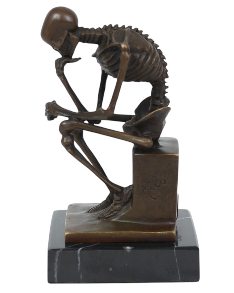 Bronzefigur Bronzeskulptur Der Denker Skelett sitzend aus Bronze auf Sockel H 14,7 cm Deko Figur