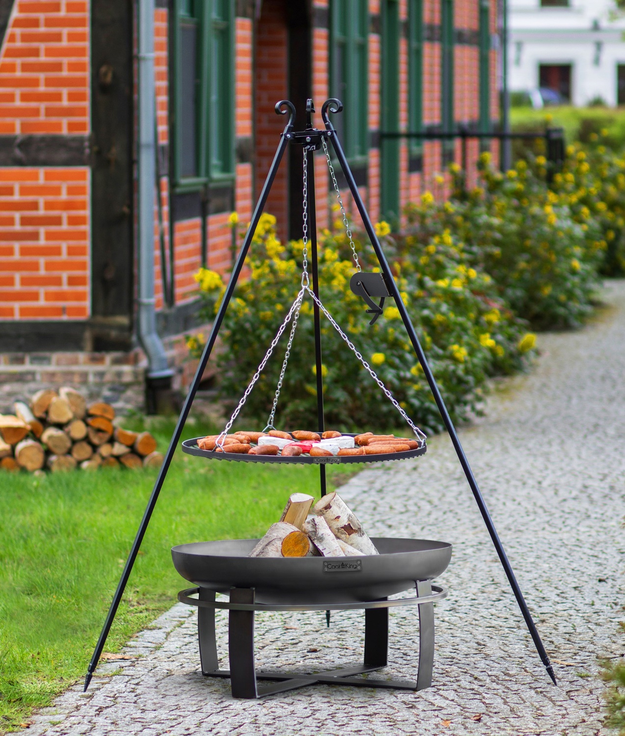 Set: Dreibein H 180 cm mit Grillrost Ø 80 cm Rohstahl und Kurbel + Feuerschale "Viking" Ø 100 cm