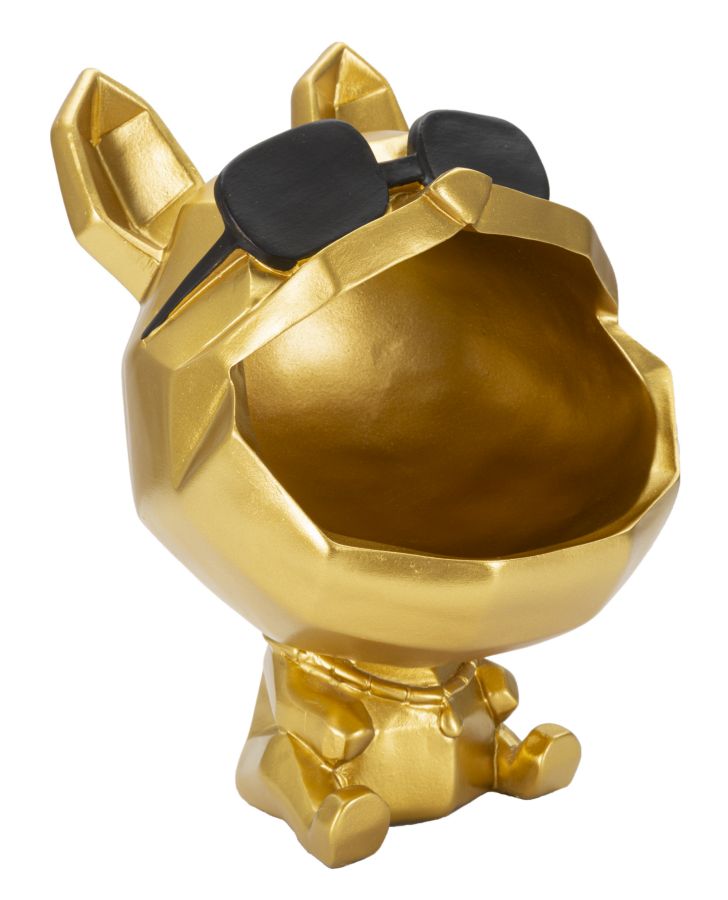 Hund Bulldogge mit Sonnenbrille Gold – coole Dekofigur mit Ablage aus Polyresin für Flur und Wohnraum H 23,5 cm
