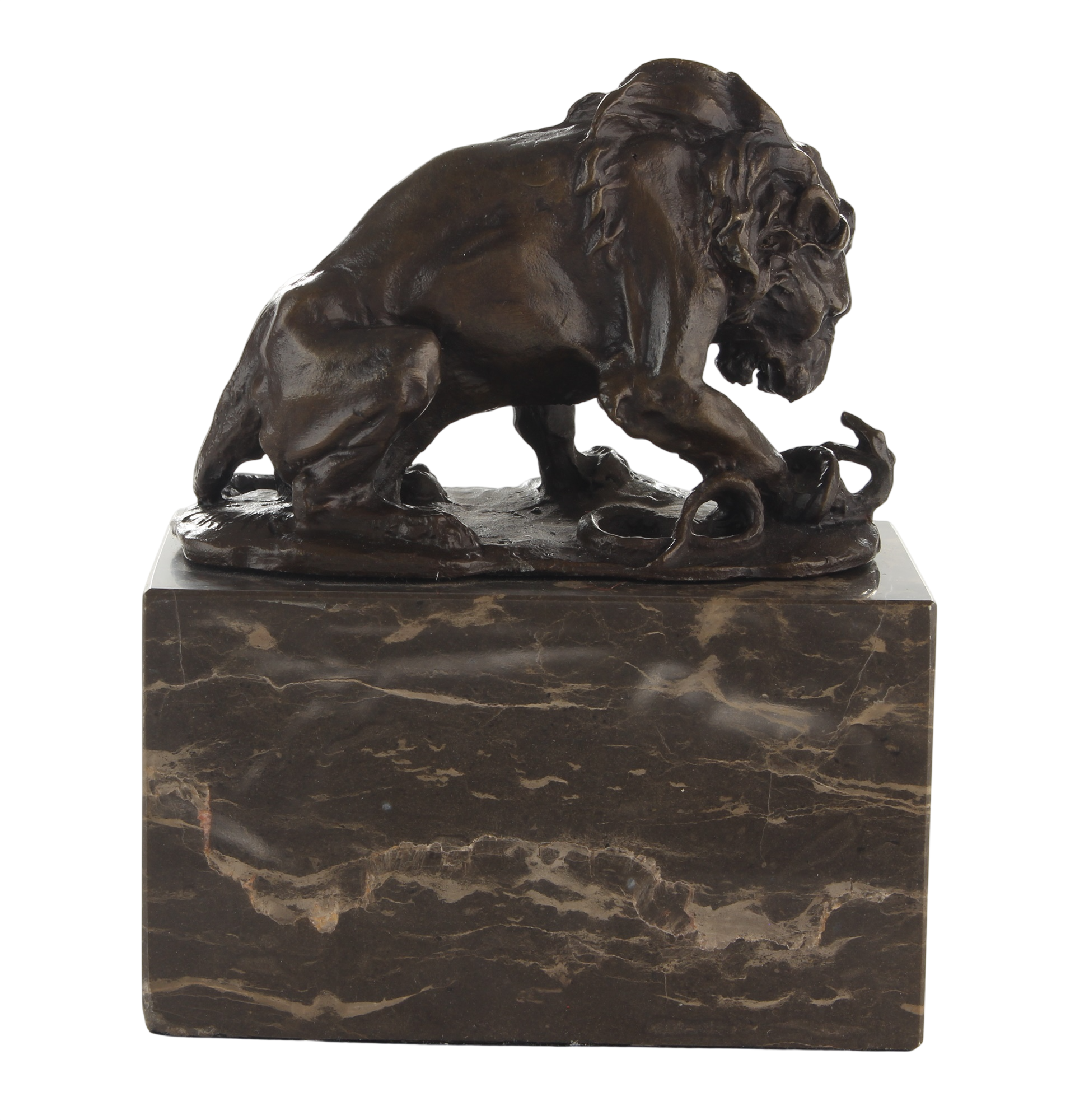 Bronzefigur Löwe kämpfend mit Schlange auf Marmorsockel, für Innen und Außen, Höhe 15 cm