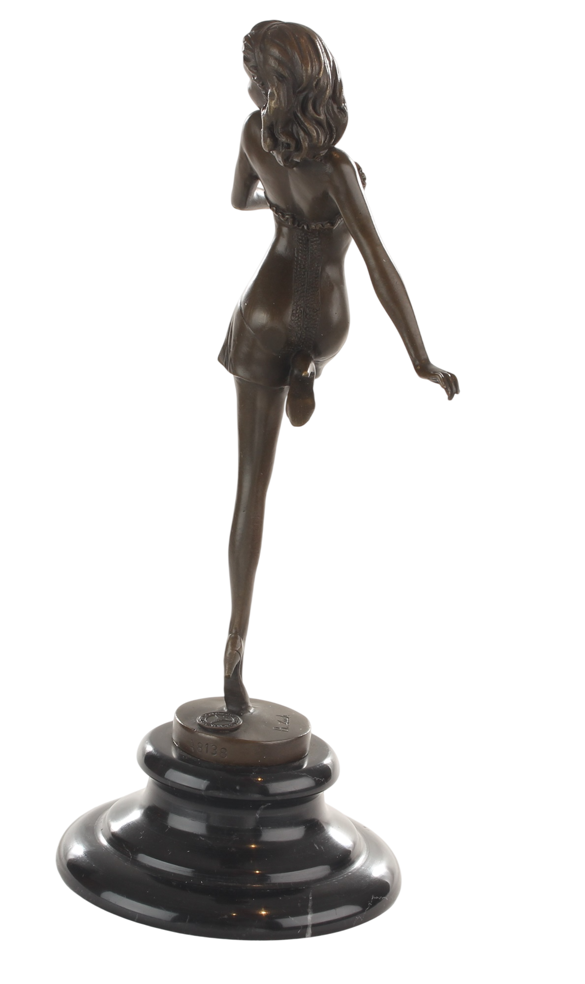 Bronzeskulptur Pin-up-Tänzerin, junge Frau im Kostüm, auf Marmorsockel, Höhe 28,8 cm