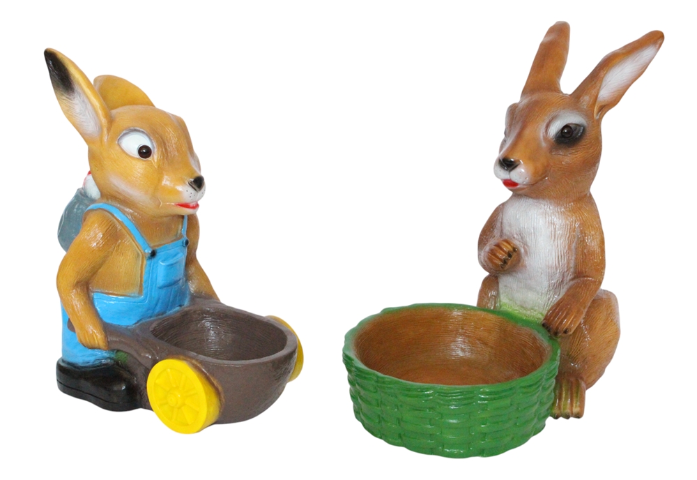 Osterhasen mit Karre und Korb Satz 2 Stück Gartenfiguren zum Bepflanzen Kunststoff Höhe 38-40 cm